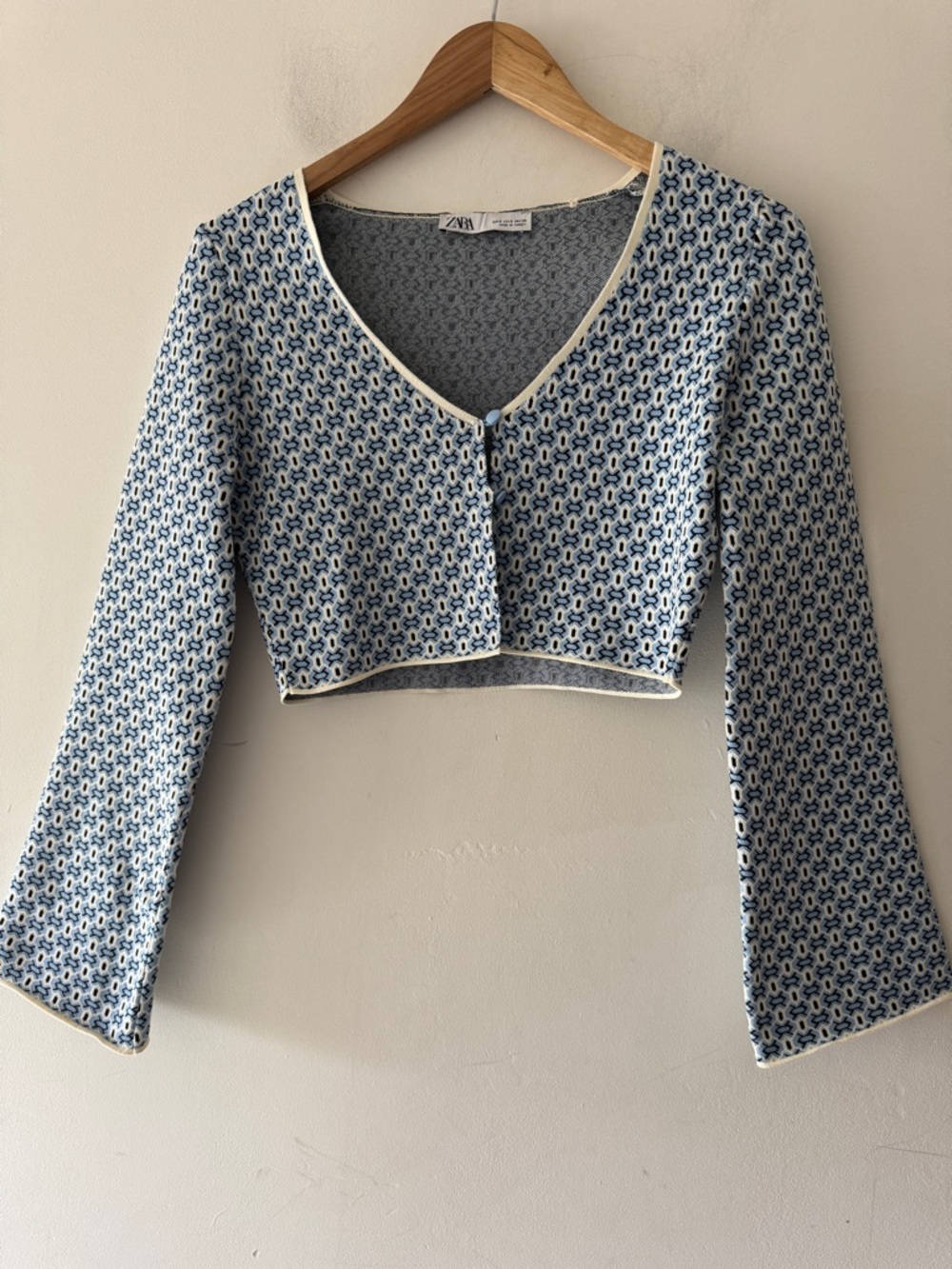 Zara Geometric Jacquard Cropped Stunning Blue Cardigan Flare Sleeve‎